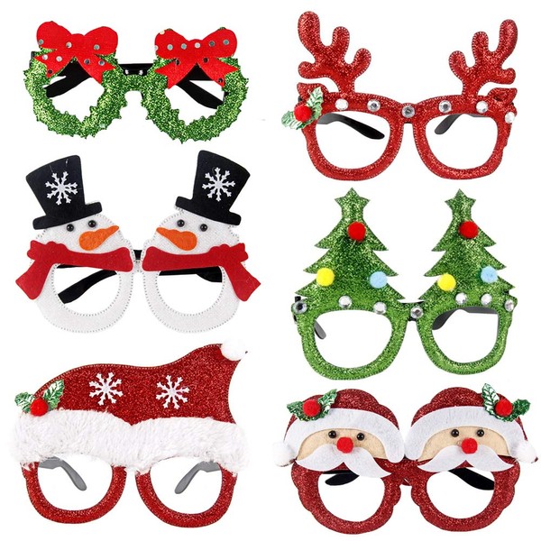 Christmas Glitter Party Glasses Merry Christmas Reindeer Eyeglasses Santa Claus Hats Snowman Garland Tree Glasses Frame Unisex Cosplay Costume Xmas Holiday Party Decorations Ornaments Gift 6 Pack