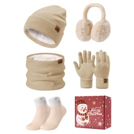 PASUDA Knitted Hat and Scarf Set 5 PCS Winter Warm Sets Fleece Lined Beanie Hat Touch Screen Gloves Plush Ear Warmers Neck Warmer Thermal Socks for Girls Ladies Sports Skiing Outdoor (Khaki)