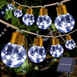 Solar String Lights Outdoor, 20ft Solar Patio Lights, Vintage Rope Hemp Solar Powered Globe Light Waterproof with 8 Modes 16 Shatterproof Bulbs for Garden Fence Balcony Cafe Bistro Party Decor-White