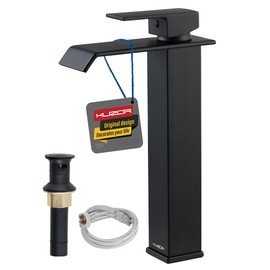 ​​KUZOR Matte Black Tall Waterfall Vessel/Bowl Sink Faucet – Single Hole 304 Stainless Steel Bathroom Faucet with Metal Pop-Up Drain, High Arc Spout for Modern Vanities​