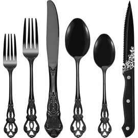 Runfly Retro Royal Black 48 Pieces Flatware Set, Gorgeous Black Silverware Set For 8, Anti-rust Stainless Steel dark Cutlery Set Utensils Including Fork Spoon and Knife