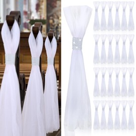 YLOLUL 24Pcs Wedding Pew Bows Wedding Aisle Decorations 31.5 Inch Wedding Pew Bows Tulle with Silver Becket Wedding Decor Chair Bows for Church Bridal Shower