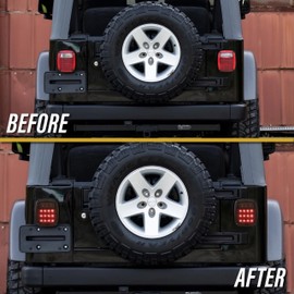 USR TJ Tail Lights - Full LED Smoke Rear Brake Stop Turn Signal Reverse Backup Tail Lamps Set (Left + Right) For 1997-2006 Wrangler TJ (DOT, Smoked Lens, Plug and Play, No Wiring Cutting!)