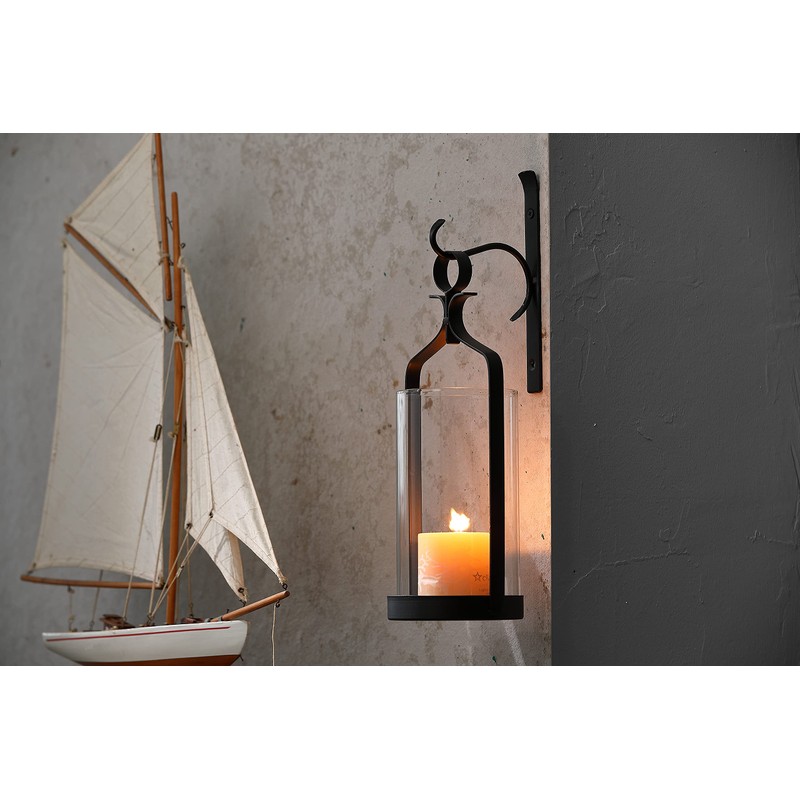 Souliron Hanging Hurricane Glass Wall Sconce Candle Holder Black Metal