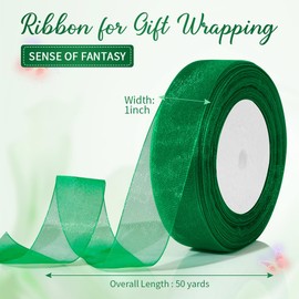 Green Ribbon for Flower Bouquet 1 Inch 50 Yards Ribbons for Crafts Mothers Day Ribbon Sheer Ribbon for Gift Wrapping Tulle Ribbon for Hair Thin Ribbon for Wedding Party Decorations Sewing
