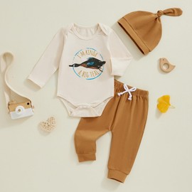 Gaono Newborn Baby Boy Duck Hunting Fall Outfits Mallard Duck Long Sleeve Romper And Pants Hat Set Coming Home Clothes (A-Khaki, 0-3 Months)