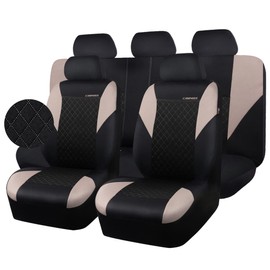 CAR PASS Ultrasonic Embossing Cloth Universal seat Covers-Breathable car seat Cover with 5mm Composite Sponge Inside,Airbag Compatible,2zipper Bench for Sedan,SUV,Truck(Black and Beige,Full Set)