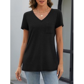 Dhigali Womens T Shirts Short Sleeve V Neck Tops with Pockets Summer Fashion Trendy Soft Casual Comfy Outfits Clothes 2025 Black