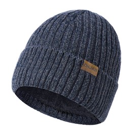 Grantop Classic Beanie Hat, Ladies Warm Slouch Knit Double Layer Winter Hat, Unisex Thermal Insulating Striped Pompom Beanie Hat for Men Women Kid (Navyblue)