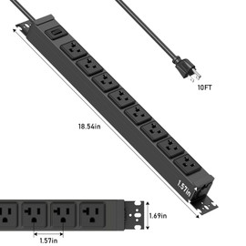 JUNNUJ Heavy Duty Power Strip Wall Mount, 20 Amp Surge Protector 1200J Metal 8 Outlet Under Desk Mounted 20A, Garage Power Table Socket Industrial Outlets 6-20R T-Slot, Black-10FT 12AWG Extension Cord