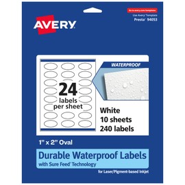 Avery Durable Waterproof Oval Labels with Sure Feed, 1" x 2", 240 Oil and Tear-Resistant Waterproof Labels, Print-to-The-Edge, Laser/Pigment-Based Inkjet Printable Labels