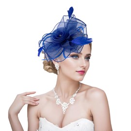 Unpifolov Fascinators Hats Flower Mesh Feathers Headwear Tea Party Wedding Derby Cocktail Hair Clip Headband for Girls and Women T-20 Dark Blue