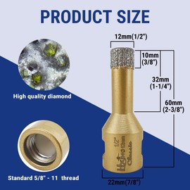 HXIN Vacuum brazed Diamond Hole Saw with 5/8"-11 Thread Classical Golden for Dry or Wet Drilling on Hard Porcelain Ceramic Tile Masonry Granite Marble Used on Angle Grinder (12mm 3/8")