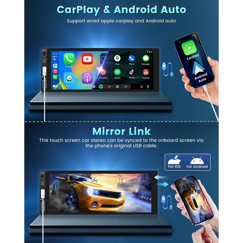Hikity 6.9 Inch Single Din Car Stereo Carplay Android Auto,