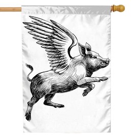 Moslion Pig Sketch Garden Flags Double Sided 28x40 Inch Black White Ink Vintage Flying Piggy With Wings To The Sky Yard Flag Burlap Banners Home Decorative Outdoor Villa