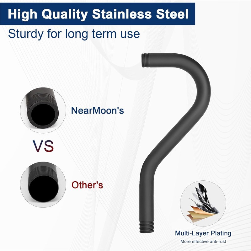 NearMoon J Shaped Shower Extension Arm, Stainless Steel Shower Head