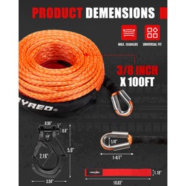 FieryRed Synthetic Winch Rope Cable Kit 3/8inch 100FT 26500lbs Winch Line Replacement with Forged Hook Protective Sleeve for 4WD Off-Road Vehicle SUV, Orange