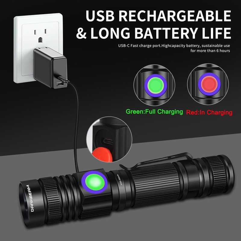 DARKBEAM 365nm UV Flashlight Rechargeable Black Light - Powerful LED