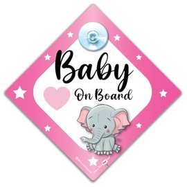 Baby on Board Car Sign with Pink Elephant Baby 14 x 14 cm Suction Cup Mount