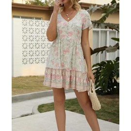R.Vivimos Women's Short Sleeve Floral Print V Neck Cotton Tunic Dress (Medium, Multi#Beige)