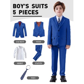Kids Tuxedo Suits for Boys, Dresswear Ring Bearer Outfit Kids Wedding Dress Clothes, Boys Tuxedo Suit Royal 5PC Size 8