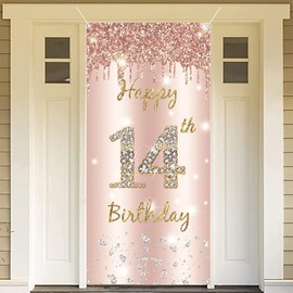 14th Birthday Party Banner Birthday Decorations for Girls Happy 14 Birthday Banner 14th Party Supplies Rosegold Welcome Porch Sign for Indoor Outdoor