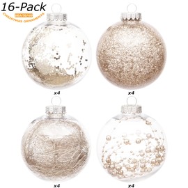 Sea Team Shatterproof Clear Plastic Christmas Ball Ornaments Decorative Xmas Balls Baubles Set with Stuffed Delicate Decorations (100mm/3.94 inch 16-Pack, Champagne)