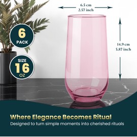 Biandeco Pink Drinking Glasses Set of 6 | Translucent Rose Glassware | 16 oz Blush Pink Glass Cups | Highball Drinkware for Cocktails, Long Drink, Mojito, Juice, Soda | Modern Pastel Drinkware