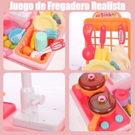 Cocina deJuguete para Niña, Fregadero de Juguete con Agua Eléctrico , Juego Cocinitas de Juguete Set para Infantiles, Kitchen Sink Toy con Olla y Sart