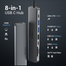 JESWO HUB USB C, 8 en 1 Adaptador USB C a HDMI 4K, 2*USB 3.0, USB 2.0, Lector Tarjeta SD/TF, 5Gbps USB C Datos Puerto, 100W PD Carga, para MacBook, MacBook Pro, Macbook Air, y Más Dispositivos Tipo C