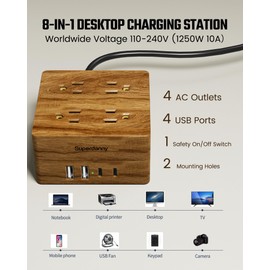 USB Power Strip Surge Protector - SUPERDANNY Desktop Extension Cord with 4 Widely Spaced Outlets & 4 Smart USB Ports, Portable Charging Station for Home, Office, Hotel, Dorm, RV, Faux Walnut Grain