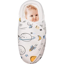 Knirose Newborn Swaddle Blanket & Unisex Infant Wrap, with Head-Protecting & Head-Supporting Function, Made of Combed Cotton (Planet, White, 0-3 Months)