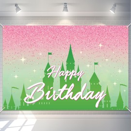 Mindsoft 5 x 3 ft Green and Pink Happy Birthday Background Decoration Witch Party Banner Backdrop Princess Green Castle Photography Birthday Party Wall Background