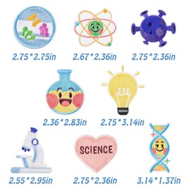 8Pcs Science Iron on Patches Cute Cartoon Physics Biology Chemistry Laboratory Sew on Repair Embroidered Applique Scientist Experiment Atom DNA Virus DIY Craft Gifts for Lab Coat Clothes Backpack Hat