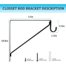 6 PCS Heavy Duty Closet Rod Bracket, 11 x 11 Inch Closet Shelf Brackets,Supports 300 lbs,Wall Mount Closet Rod Supports Bracket Hook with Screws, Closet Rod Holders for Home and Closet Decor(Black)