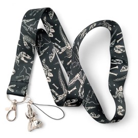 Dinosaur Skeletons Lanyard, with Triceratops Skull Charm - black & white print neck strap key ring for nametag, ID holder, hall pass, fieldtrips