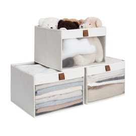 StorageWorks Closet Storage Bins, Large Storage Baskets with Clear Window and Handles, Foldable Fabric Organizer for Clothes, Shelves, Beige, 3 Pack