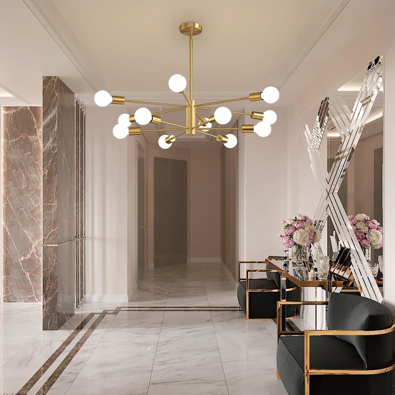 KAISITE Modern Sputnik Chandelier Ceiling Light Fixture 12-Light Gold Chandelier