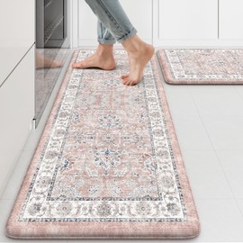 KIMODE Anti Fatigue Mats for Kitchen Floor, Boho Floral Kitchen Rugs Sets of 2, Cushioned Kitchen Floor Mats, Comfort Standing Desk Mat for Sink, Laundry, Desk Pink Multi 17"x47"+17"x29"