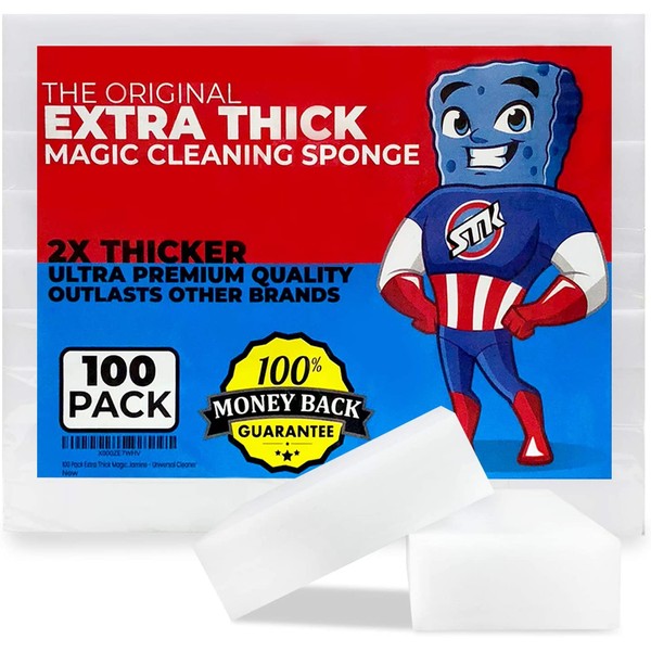 100 Pack Extra Thick Magic Cleaning Sponges - Eraser Sponge For All Surfaces - Double Thickness - Kitchen-Bathroom-Furniture-Leather-Car-Steel - Just Add Water - Melamine - Universal Cleaner