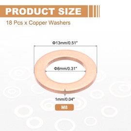 PATIKIL 18PCS M8 Copper Washers, M8x13x1mm Copper Crush Washer Metric Flat Washers Sealing Washers Assortment Kit Oil Drain Plug Gasket Ring for Automotive Battery Vehicles Screws Bolt