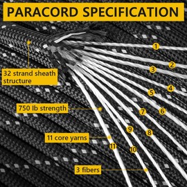 750Ib Reflective Paracord Rope, 100', Blue, 4mm 11 Strand Parachute Spool Cord with Collecting Bag, para Cord Lanyard for Clothsline, Hammock, Camping, Hiking and Survival