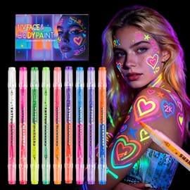 18 Colors UV Neon Face Paint Markers, Dual-Ended Body Paint Pens, Fluorescent Face & Body Art Markers, Washable for Blacklight Parties, Halloween, Cosplay & Festivals