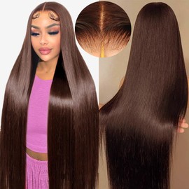 Tuziyi Brown Lace Front Wigs Human Hair Glueless Wear and Go 220% Density Chocolate Brown Glueless Wig 7x5 Straight Lace Frontal Human Hair Wigs Pre Plucked Hairline 32Inch