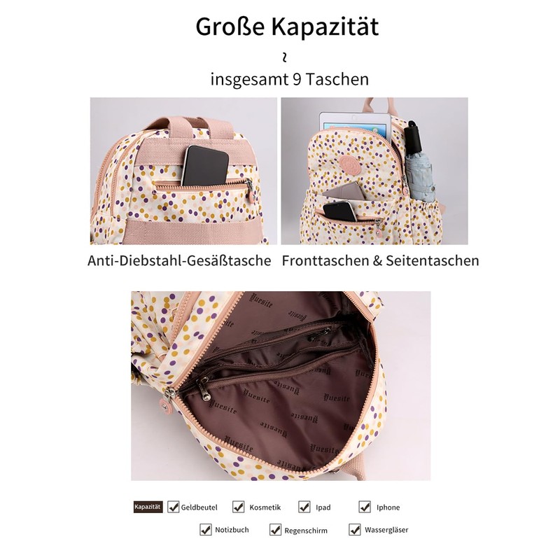 YUESITE Women's Backpack Small Shoulder Bag Waterproof Nylon City Backpack