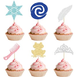 Gyufise 24Pcs Princess Symbol Cupcake Toppers Crown Frog Feather Comb Snowflake Cupcake Pick Decorations for Princess Theme Baby Shower Kids Birthday Party Supplies