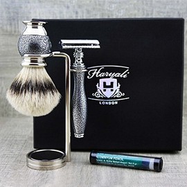 Men's Shaving Set - Antique Silver 3 Piece - Silver Tip Razor & Safety Razor + Double Stand for Razor & Brush Perfect Set for Everyday Use