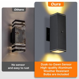 Outdoor Wall Lights 2 Packs,Modern Square Dusk to Dawn Outdoor Porch Light,Integrated LED Up Down Wall Lights Black Outdoor Sconces Waterproof Wall Lighting Exterior Light for Porch Patio Garage