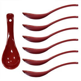 Albedel Dark Red 6 pcs Porcelain Soup Spoon Round-Bottom Asia Ceramic Rice Spoons Chinese Won Ton Spoons for Home Kitchen Restaurant