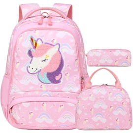 Unicorn Backpack for Girls, 3 in 1 Sequin Girls Backpack with Lunch Bag Pencil Case for School, Large Capacity Girls Schoolbag with Reflective Straps for Kindergarten Elementary